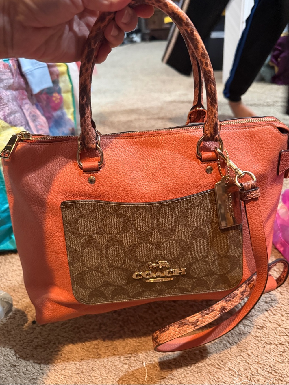 Coach Orange Pebbled Leather Tote with Signature Canvas Pocket - Picture 9 of 9